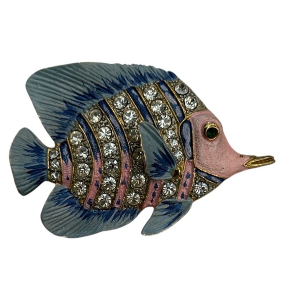 Vintage Blue and Pink Fish Brooch with Crystals
